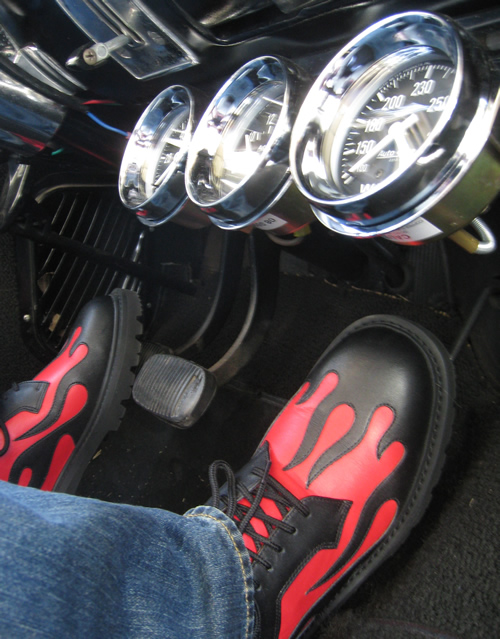 joe's garb shoes - black and red hot rod (flames), at the wheel of a 1955 chevy bel air